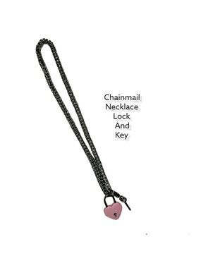 Pink Heart Lock Key Chainmail Necklace